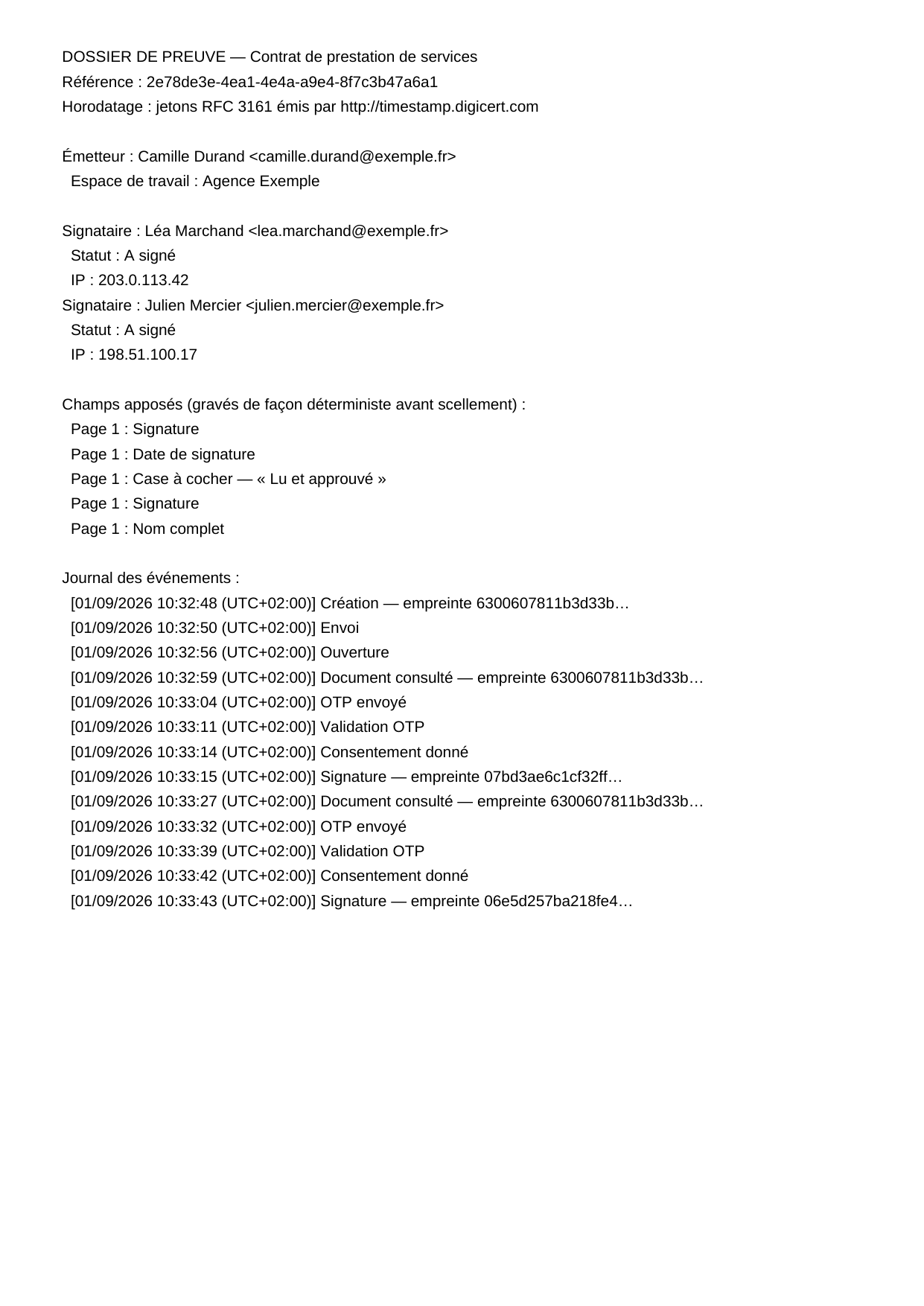 Le dossier de preuve d'une demande fictive à deux signataires : titre du contrat, référence de la demande, autorité d'horodatage, émetteur et son espace de travail, chaque signataire avec son statut et son adresse IP, les cinq champs apposés, puis un journal de treize événements datés à la seconde dont cinq portent une empreinte SHA-256.